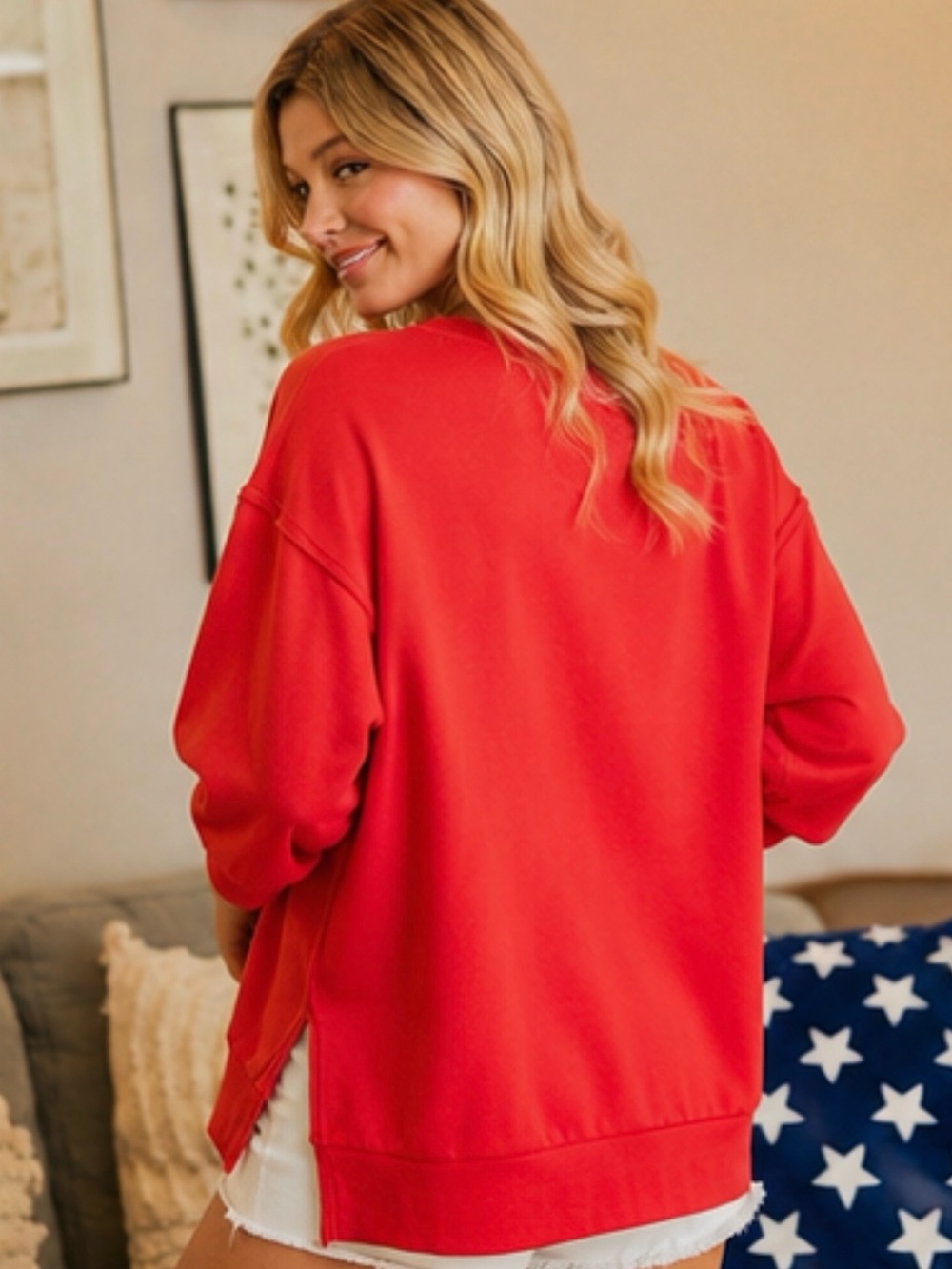 Bibi Red Oversized American Flag Patchwork Terry Knit Top S - Picture 5 of 6